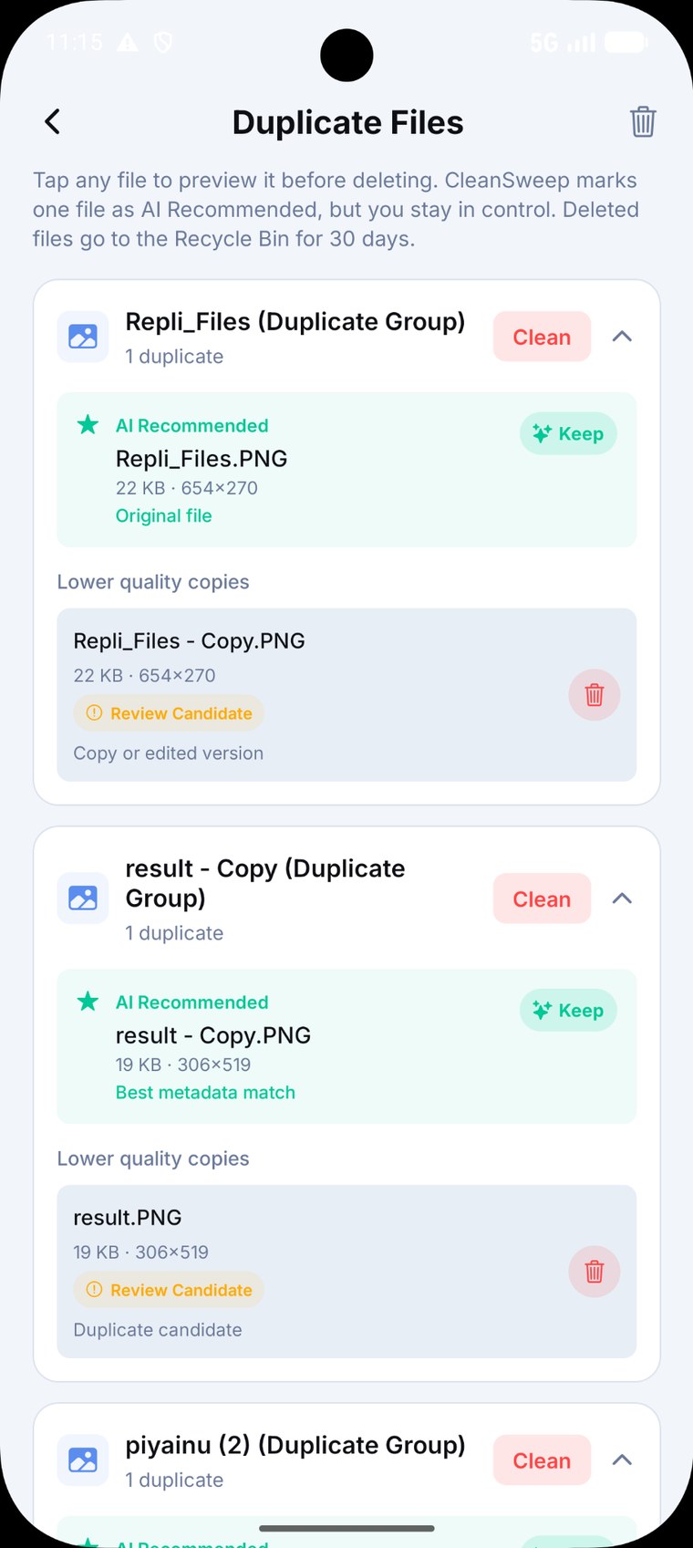 CleanSweep duplicate files screen