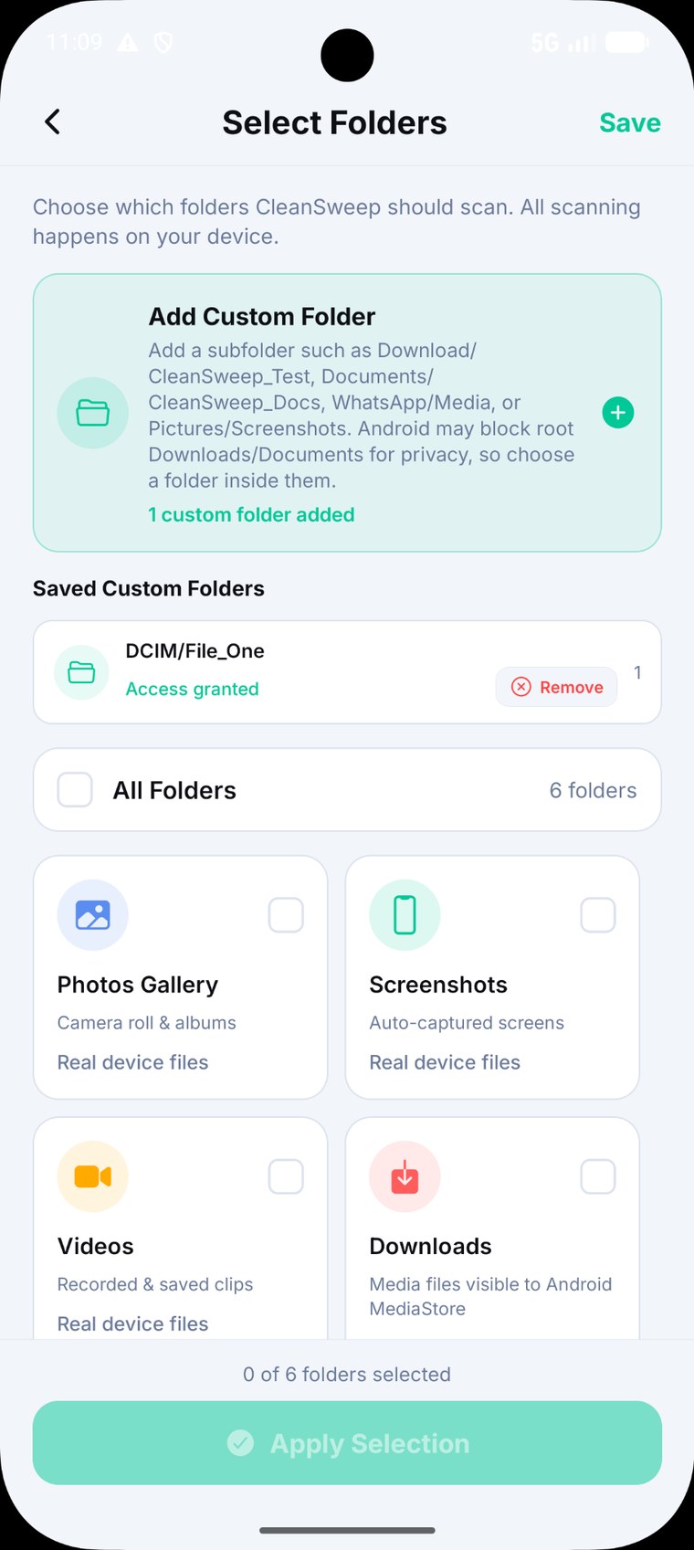 CleanSweep current folder selection screen
