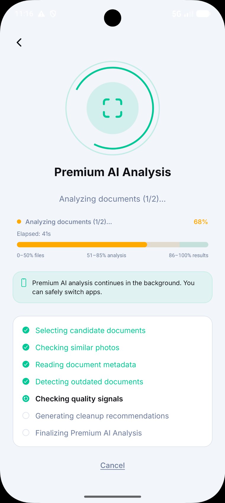 CleanSweep Premium AI analysis progress screen