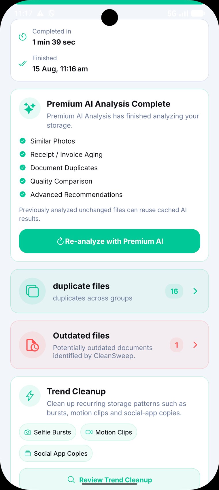 CleanSweep Premium AI completed results screen