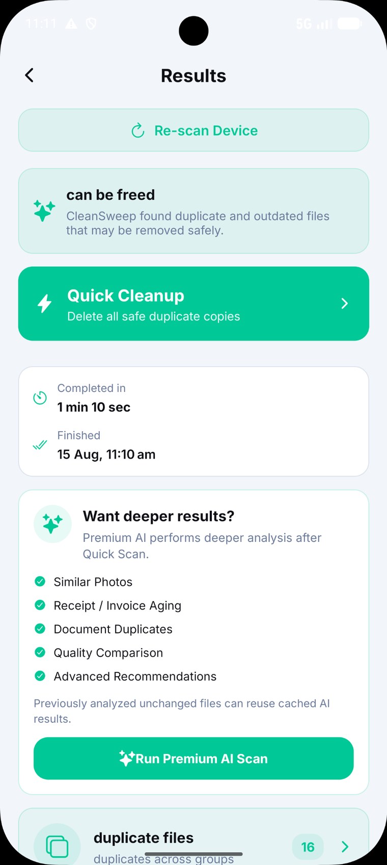 CleanSweep scan results screen